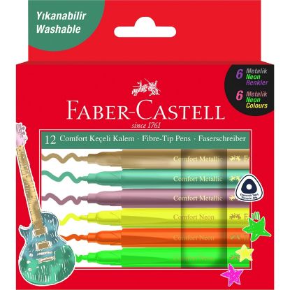 Faber Castell 12 Li Keçeli Kalem Yıkanabilir Metalik ve Neon resmi