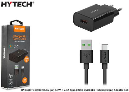 Hytech HY-XE36TB 3500mA Ev Şarj 18W + 2.4A Type-C USB Quick 3.0 Hızlı Siyah Şarj Adaptör Seti resmi
