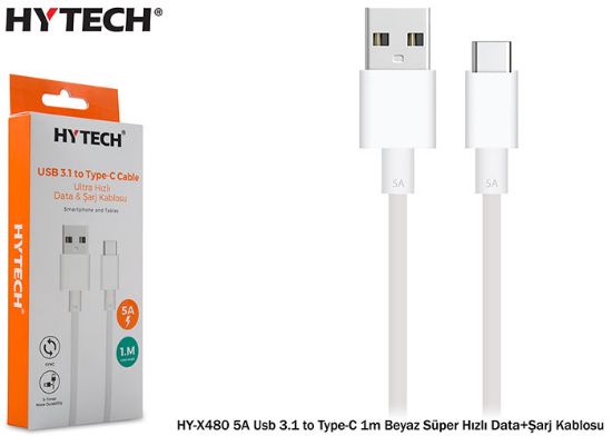 Hytech HY-X480 5A Usb 3.1 to Type-C 1m Beyaz Süper Hızlı Data+Şarj Kablosuu resmi