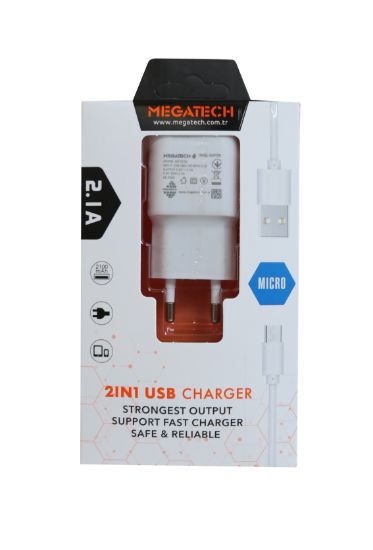 Megatech MT-CM1 2ın1 2.1a Ev Şarj+Micro Kablo resmi