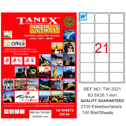 Tanex Laser Etiket 100 YP 63x38 MM Laser-Copy-Inkjet TW-2021 resmi