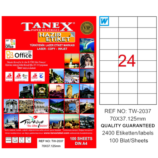 Tanex Laser Etiket 100 YP 70x37.125 Laser-Copy-Inkjet TW-2037 resmi