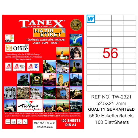 Tanex Laser Etiket 100 YP 52x21 MM Laser-Copy-Inkjet TW-2321 resmi