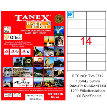 Tanex Laser Etiket 100 YP 105x42.69 Laser-Copy-Inkjet TW-2712 resmi
