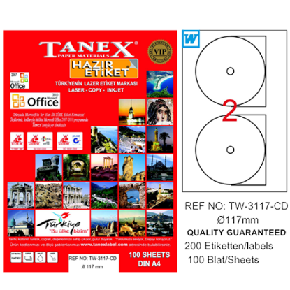 Tanex Cd Etiketi Laser-Copy-Inkjet 100 YP 117 MM TW-3117 resmi