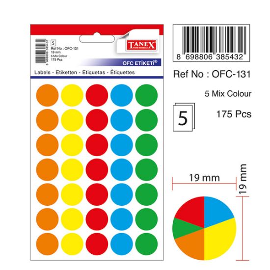 Tanex Ofis Etiketi Poşetli Yuvarlak 19 MM Mix Color OFC-131 (10 Adet) resmi
