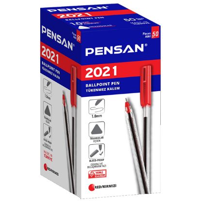 Pensan Tükenmez Kalem Üçgen Gövdeli Şeffaf Kırmızı 50 Lİ 2021 (50 Adet) resmi