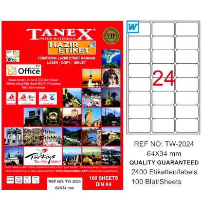 Tanex Laser Etiket 100 YP 64x34 Laser-Copy-Inkjet TW-2024 resmi