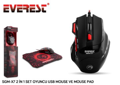 Everest SGM-X7 Usb Siyah Makrolu 7200dpi Oyuncu Mouse +Gaming Mouse Pad resmi