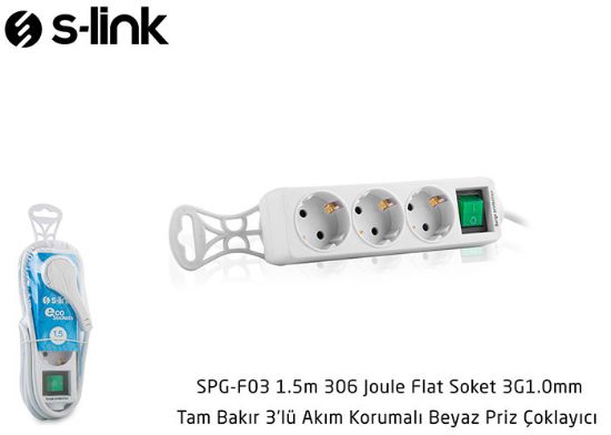 S-link SPG-F03 1.5m 306 Joule Flat Soket 3G1.0mm Tam Bakır 3 lü Akım Korumalı Priz Çoklayıcı resmi