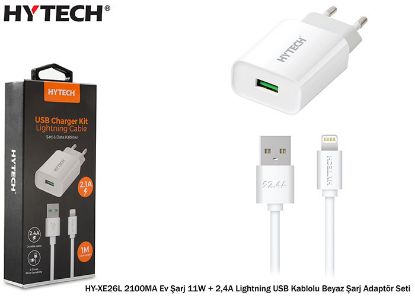 Hytech HY-XE26L 2100MA Ev Şarj 11W + 2,4A Lightning USB Kablolu Beyaz Şarj Adaptör Seti resmi