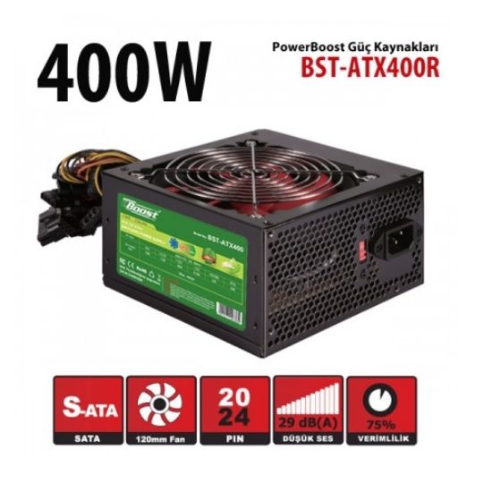 PowerBoost BST-ATX400R 400w, PPFC 12cm Siyah Fanlı ATX PSU Power kablo (Retail Box) Güç Kaynağı resmi