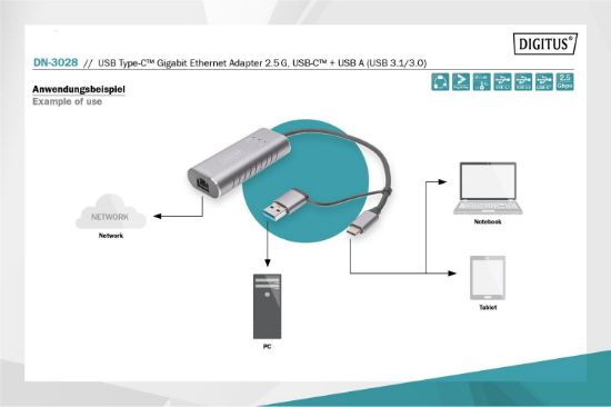 Digitus DN-3028 USB Tip C™ Gigabit Ethernet Adaptörü 2.5G, USB-C™ + USB-A (USB 3.1/3.0) resmi