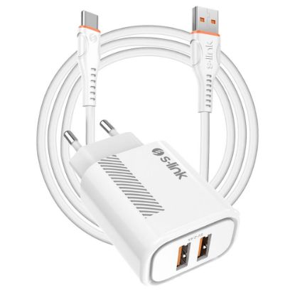 S-link SL-EC50 (SL-EC50T) 5V 2400MA Type-C Kablolu 2 USB Çıkışlı Beyaz Ev Şarj Adaptörü resmi