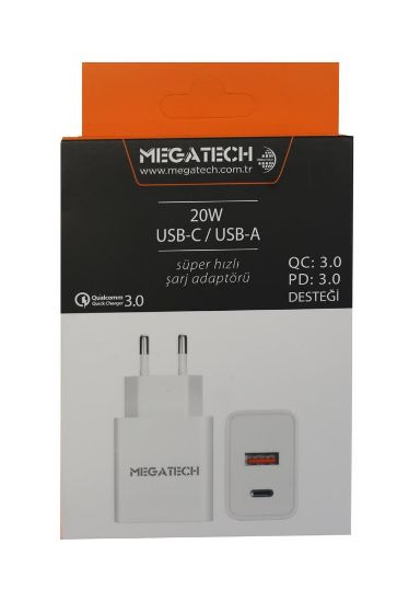 Megatech 20w Beyaz USB-C USB-A  Şarj Kafa QC:3.0/PD:3.0  resmi