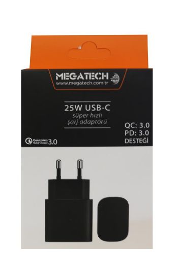 Megatech 25w Siyah USB-C  Şarj Kafa QC:3.0/PD:3.0  resmi