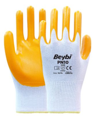 Beybi Nitril PMK PN10 9 Beden 12li Paket Polyester Örme Nitril Eldiven (4141A) Nitril 1/2 Kaplama resmi