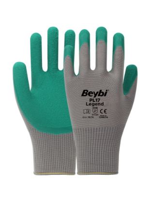 BEYBİ PL17 10 Beden Gri/Yeşil 12li Paket Legend Polyester Örme Lateks Eldiven resmi