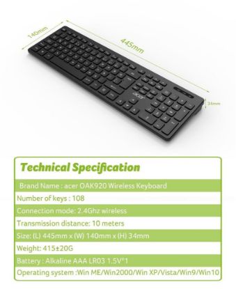 Acer OAK-920 Siyah Kablosuz Klavye 2.4Ghz Caps Lock (Smart Tv/ Wifi) resmi