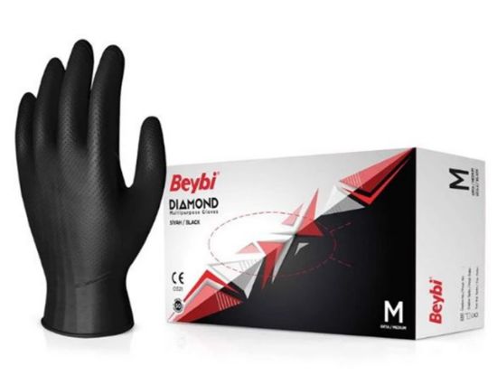Beybi Diamond M Beden Pudrasız Kalın Siyah Nitril Eldiven Medium (Kutuda 100 Adet) resmi