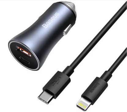 BASEUS Golden Connector Pro U+C 40W Type-C to Lightning Kablo Setli Araç İçi Şarj Cihazı Koyu Gri resmi