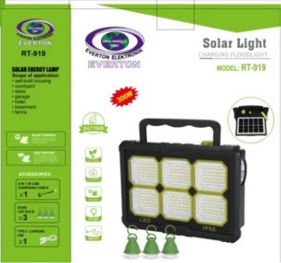 Everton Rt-919 Şarjlı 300w Solar Panelli Projektör (3 Adet Ampül) (Led Gösterge) resmi