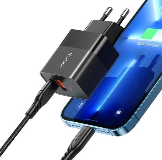 MCDODO CH-1952 20W 1xType-C ve 1xUSB Girişli Şarj Adaptörü + Type-C To iPhone Kablo - Siyah resmi