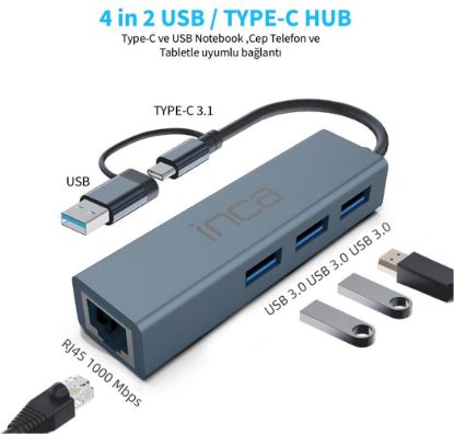 Inca IUTP-03TX Ethernet Usb 3.0+Type-C 3.1 Grişli 000 Mbps 3X3.1Usb Eternet/Çoklayıcı resmi