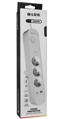 S-link SPG3-PD20  PD20W H05VV-F 3G1.0mm, 1.5m 3 lü 306 J Akım Korumalı Beyaz + Gri Priz resmi