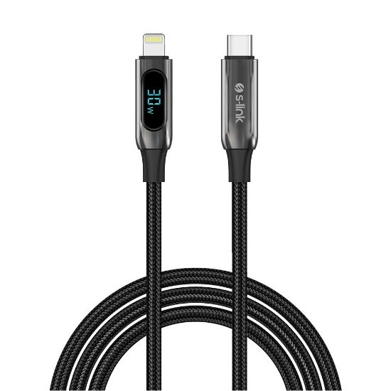 S-link Armor LED CL-030 30W 1mt Type-C to Lightning PD Örgülü LED Başlıklı Siyah Hızlı Şarj Kablosu resmi