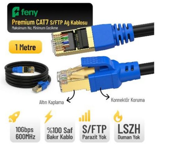 Feny FN-CAT7LS01 10GBPS İnternet 60MHZ 1 Metre CAT7 Gold Patch Kablo (Yanmaz-%100 Saf Bakır) resmi