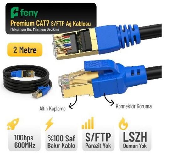 Feny FN-CAT7LS02 10GBPS İnternet 60MHZ 2 Metre CAT7 Gold Patch Kablo (Yanmaz-%100 Saf Bakır) resmi