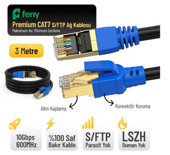 Feny FN-CAT7LS03 10GBPS İnternet 60MHZ 3 Metre CAT7 Gold Patch Kablo (Yanmaz-%100 Saf Bakır) resmi