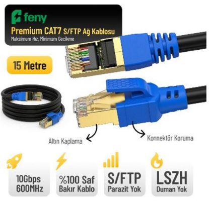 Feny FN-CAT7LS15 10GBPS İnternet 60MHZ 15 Metre CAT7 Gold Patch Kablo (Yanmaz-%100 Saf Bakır) resmi